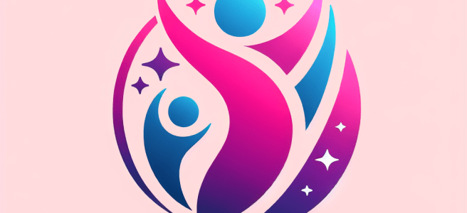 A logo for "50 Happens," [a site dedicated to Gen X women with children and grandchildren] [who embrace life's challenges with humor and resilience], [featuring a modern and uplifting design] [that embodies strength and positivity] [with an elegant and playful style] [and a harmonious blend of colors like pink, fuchsia, purple, and blue].